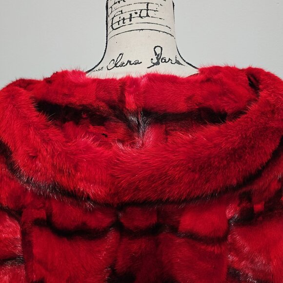 New Real Black Cross MINK Fur Overcoat Jacket Stroller Red Scarlet Panel Striped - Picture 6 of 7